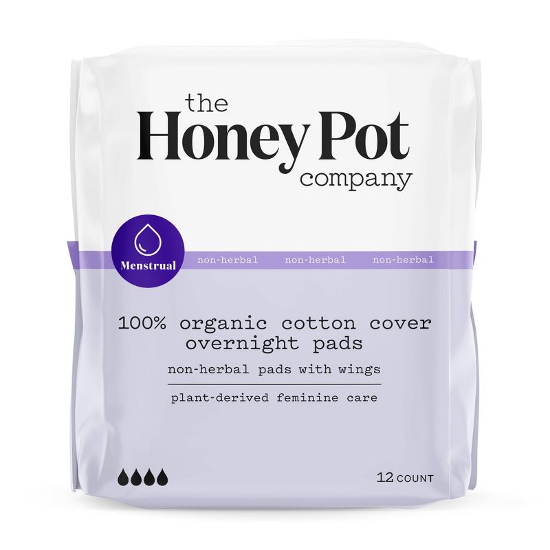 The Honey Pot Company, Non-Herbal Overnight Pads with Wings, Organic Cotton Cover - 12 ct, 1 of 13