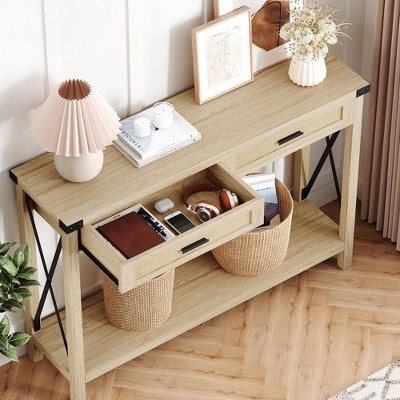 Farmhouse Light Brown Wood Console Table with Rattan Drawers