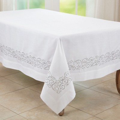White Embroidered Scroll Fabric Tablecloth
