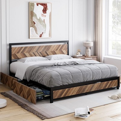 Whizmax Bed Frame with 4 Storage Drawers, Metal Platform Bed Frame with Rustic Vintage Wood Headboard, No Box Spring Needed, Easy Assemble