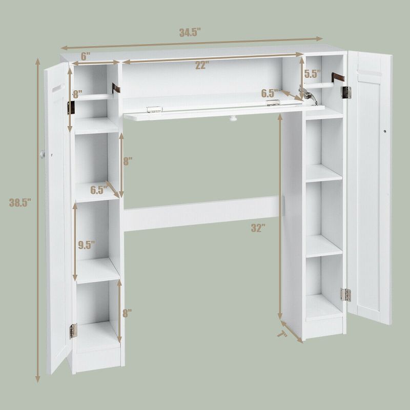 Tangkula Wooden Cabinet Bathroom Spacesaver Over The Toilet Storage Cabinet w/ Drop Door White, 3 of 6