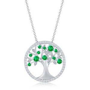 Bella Silver Sterling Silver 'May' Birthstone Tree of Life Necklace - Emerald CZ - Green - 16+2 Inch - 1 of 2