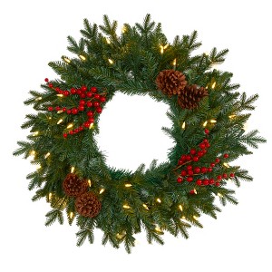 Nearly Natural 24-in Green Pine Artificial Christmas Wreath with 50 Warm White LED Lights, Berries and Pine Cones - 1 of 4