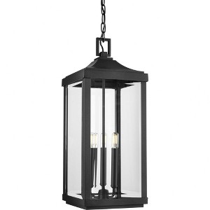 Progress Lighting Gibbes Street 3-Light Outdoor Hanging Lantern, Antique Bronze, Etched White Pillar Shade - 1 of 4