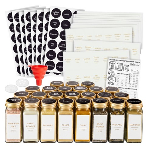 Talented Kitchen 24 Pack Glass Spice Bottles with 284 Preprinted Label  Stickers, 4 oz Empty Square Seasoning Jars with Shaker Lids & Gold Caps