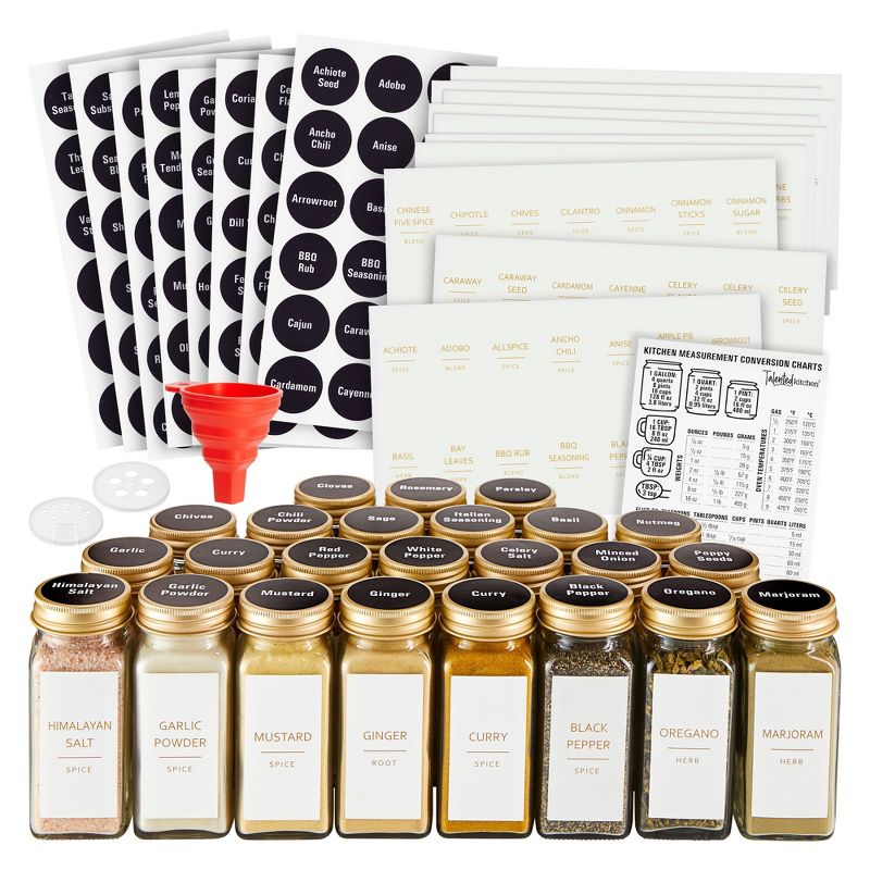 Talented Kitchen 24 Pack Glass Spice Bottles with 284 Preprinted Label Stickers, 4 oz Empty Square Seasoning Jars with Shaker Lids & Gold Caps, 1 of 10