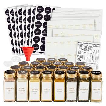 Talented Kitchen 24 Pack Glass Spice Bottles with 284 Preprinted Label Stickers, 4 oz Empty Square Seasoning Jars with Shaker Lids & Gold Caps