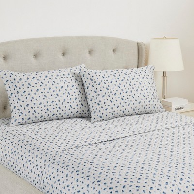 Blue Floral Print Queen Microfiber Sheet Set