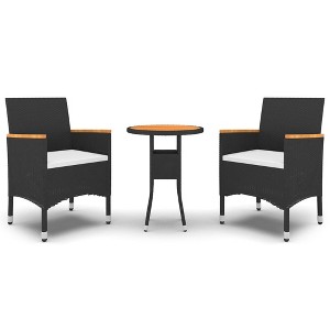 vidaXL Patio Dining Set 3 Piece - Poly Rattan - Black - Outdoor/Garden Table and 2 Chairs with Cushions, Tempered Glass Tabletop - 1 of 4