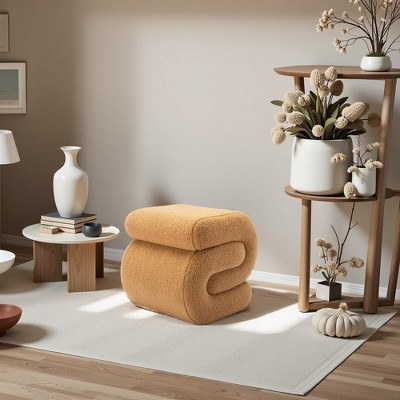 FONTOI Ottomans and Benches S Shape Teddy Fabric Ottoman Makeup Stool Footstool, Low Bench Small Ottoman for Living Room, Brown, 19.3"*18.1"*18.1"