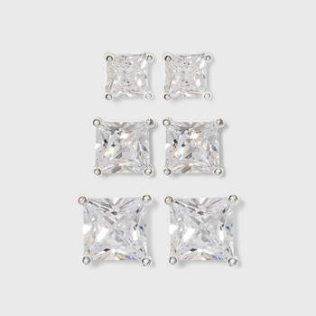 Women's Sterling Silver Stud or Square Cubic Zirconia Earring Set 3pc - Silver
