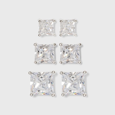 Women's Sterling Silver Stud Or Square Cubic Zirconia Earring Set