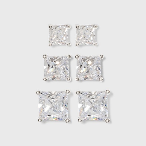 Women's Sterling Silver Stud Or Square Cubic Zirconia Earring Set 3pc -  Silver : Target