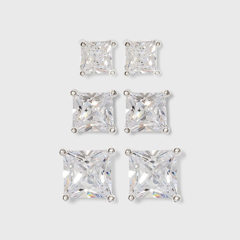 Women&#39;s Sterling Silver Stud or Square Cubic Zirconia Earring Set 3pc - Silver, 1 of 3