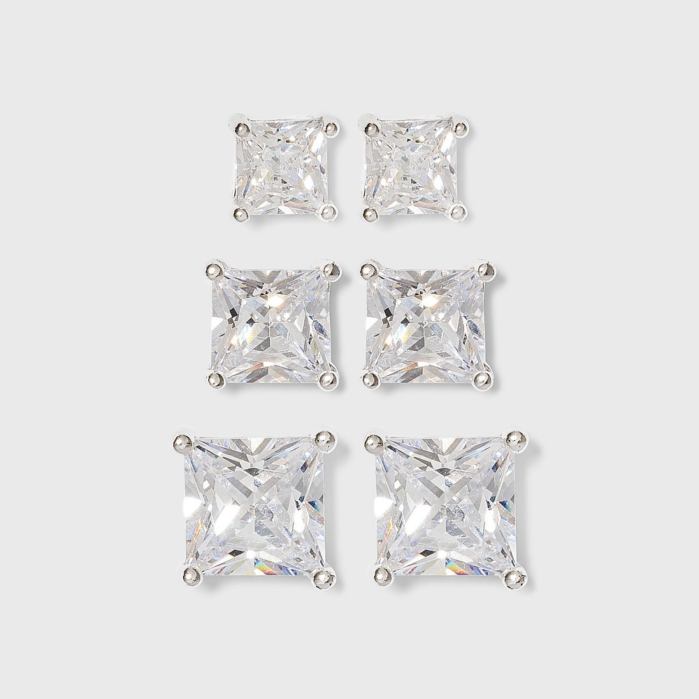 Photos - Earrings Women's Sterling Silver Stud or Square Cubic Zirconia Earring Set 3pc - Si