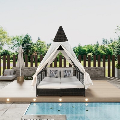 Oris PE Rattan Outdoor Daybed Patio Lounge Bed with Adjustable Backrest, Curtains and 4 Pillows, Outdoor Furniture - Maison Boucle