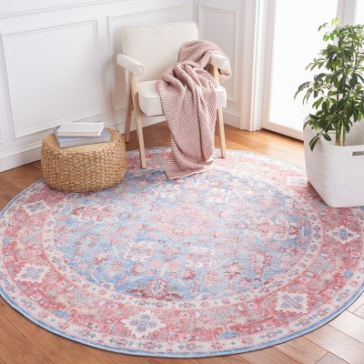 Round Blue and Rust Hand-Knotted Viscose Chenille Rug