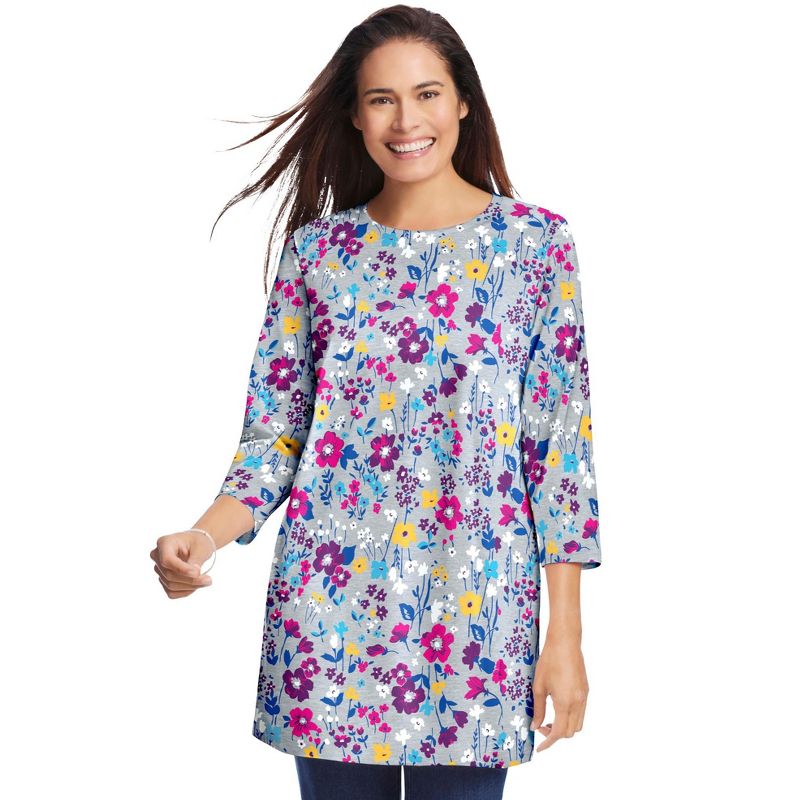 Woman Within Women's Plus Size Perfect Printed Three-Quarter Sleeve Crewneck Tunic, 1 of 2