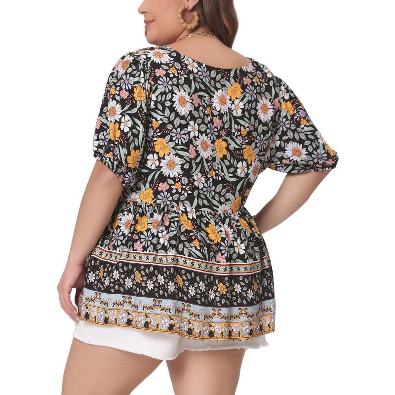 Agnes Orinda Women's Plus Size Boho Floral Print V Neck Short Sleeve Summer Shirts Peplum Blouses, 4 of 6