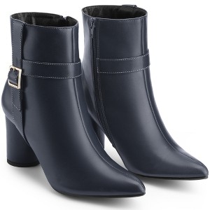 BLISSFUL STEP Women's Pointed Toe Block Chunky Heel Buckle Decor Ankle Boots - 1 of 4