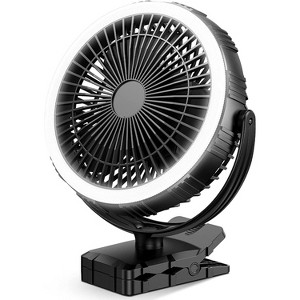 Panergy 10000mAh Battery Operated Fan, 8" Portable Clip On Fan with hook & Light, USB-C Rechargeable Golf Cart Fan, Outdoor Fan for Travel – Black - 1 of 4