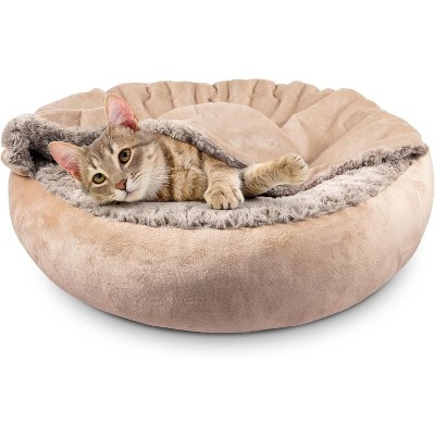 Small Dog Bed Cat Bed with Hooded Blanket, Cozy Cuddler Luxury Puppy Pet Bed, Donut Round Calming Anti-Anxiety Dog Burrow