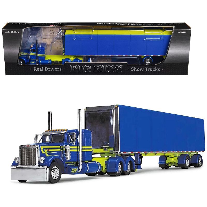 Peterbilt 379 w/36" Sleeper and 53' Utility Roll Tarp Trailer "DSD Transport" Blue & Yellow 1/64 Diecast Model by DCP/First Gear, 1 of 6