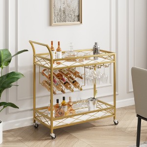 Gold Bar Cart, 2 Tier Serving Cart with Wheels,  Marble Finish Wood Shelf, Wine Rack & Glass Holder for Kitchen, Living Dining - 1 of 4