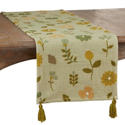 72" x 16" Cotton Embroidered Floral Table Runner Green - Saro Lifestyle