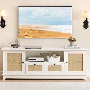 Rattan TV Stand, Modern Entertainment Center for 65/70 Inch TV, White Media Center with 2 Drawers and 2 Cabinets - 1 of 4