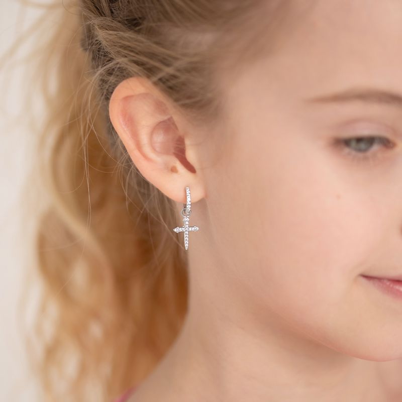 Girls' Dangle Cross Huggie Hoop Sterling Silver Earrings - In Season Jewelry, 4 of 7