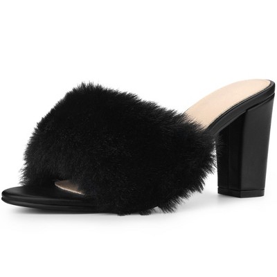 Black fluffy 2025 heeled slippers