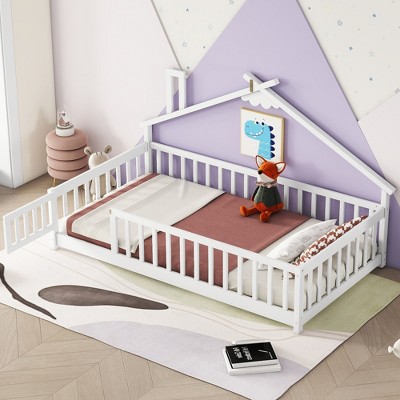 Twin Size Montessori Floor Bed with Safety Guardrails and Door for Toddler