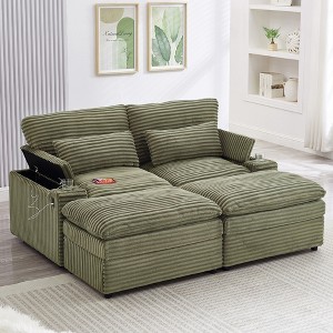 Upholstered Loveseat 2-Seater Sectional Convertible Sofa Bed Double Chaise Lounge with 2 Movable Ottomans, USB Ports & Cup Holders - ModernLuxe - 1 of 4