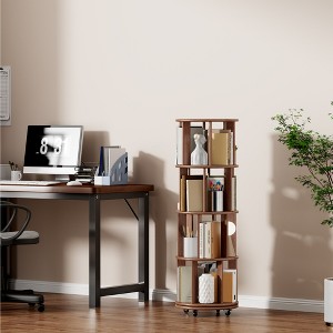 Lycvki Round Walnut Wood Rotating Bookshelf on Wheels for Small Space - 1 of 4