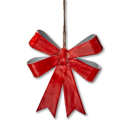 tag Red Bow Enamel Christmas Ornament - 5" L x 1" W x 6.75" H - Festive Tree Decoration - Iron, Easy Dust Clean