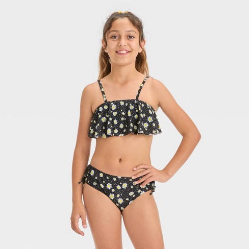 Swim Wear Solid Black Flounce Girls Swimsuit Kids Two Piece