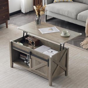 VINGLI Rustic Grey Lift Top Coffee Table, 36" Small Farmhouse Barn Door Coffee Tables with Storage for Living Room - 1 of 4