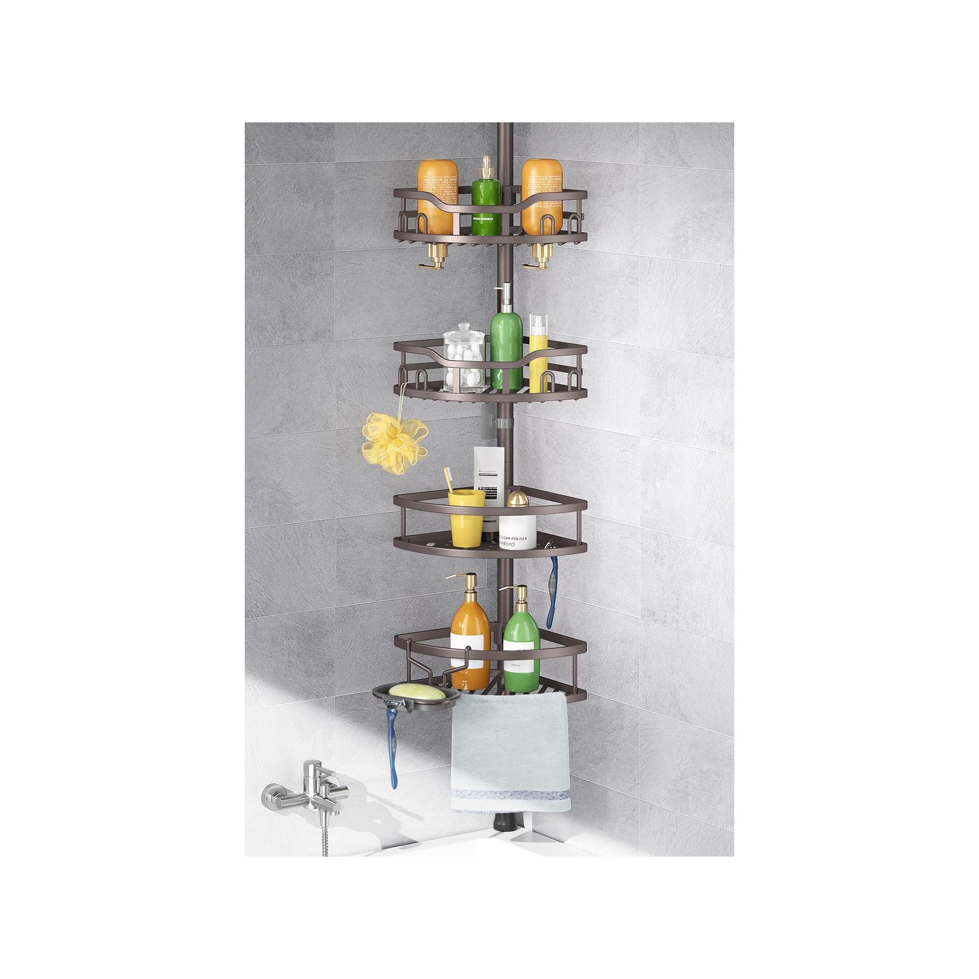 HAMITOR Corner Shower Caddy Tension Pole: Rustproof Stable 4-Tier Bathroom Organizer Shelves for Bathtub Shampoo Storage