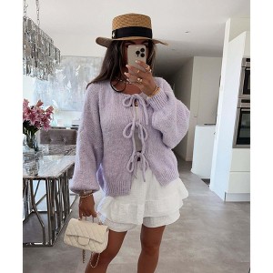 Women's Tie Front Bow Cardigan Sweaters Chunky Knit Long Puff Sleeve Fall Winter Loose Jacket Coats - 1 of 4