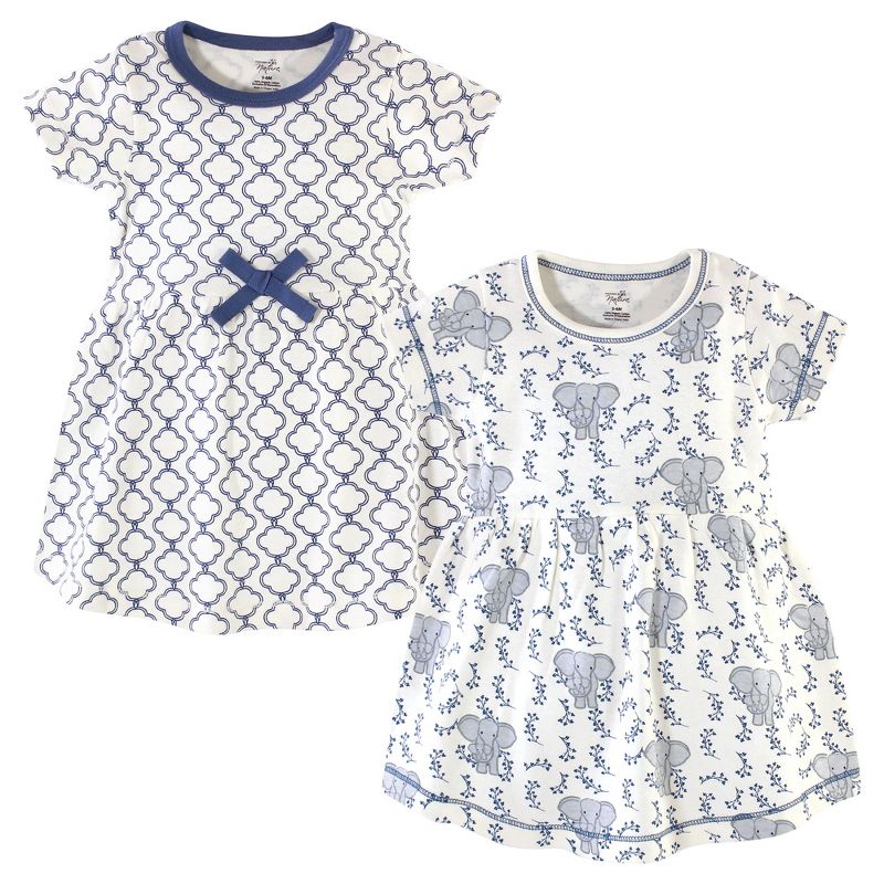 Touched by Nature Baby and Toddler Girl Organic Cotton Short-Sleeve Dresses 2pk, Blue Elephant, 1 of 5