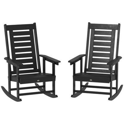 Outsunny Outdoor Rocking Chairs Set of 2, HDPE Patio Rockers with 28" High Back, Wide Armrests and Slatted Seat for Porch Backyard Balcony, Black