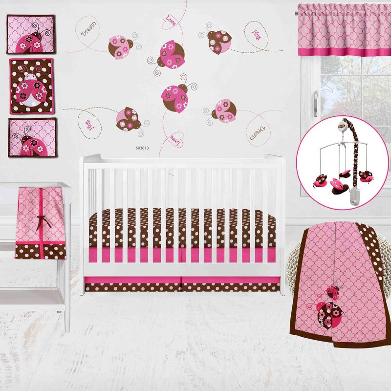 Bacati - Ladybugs Pink Chocolate 10 pc Crib Bedding Set with 2 Crib Fitted Sheets, 1 of 12