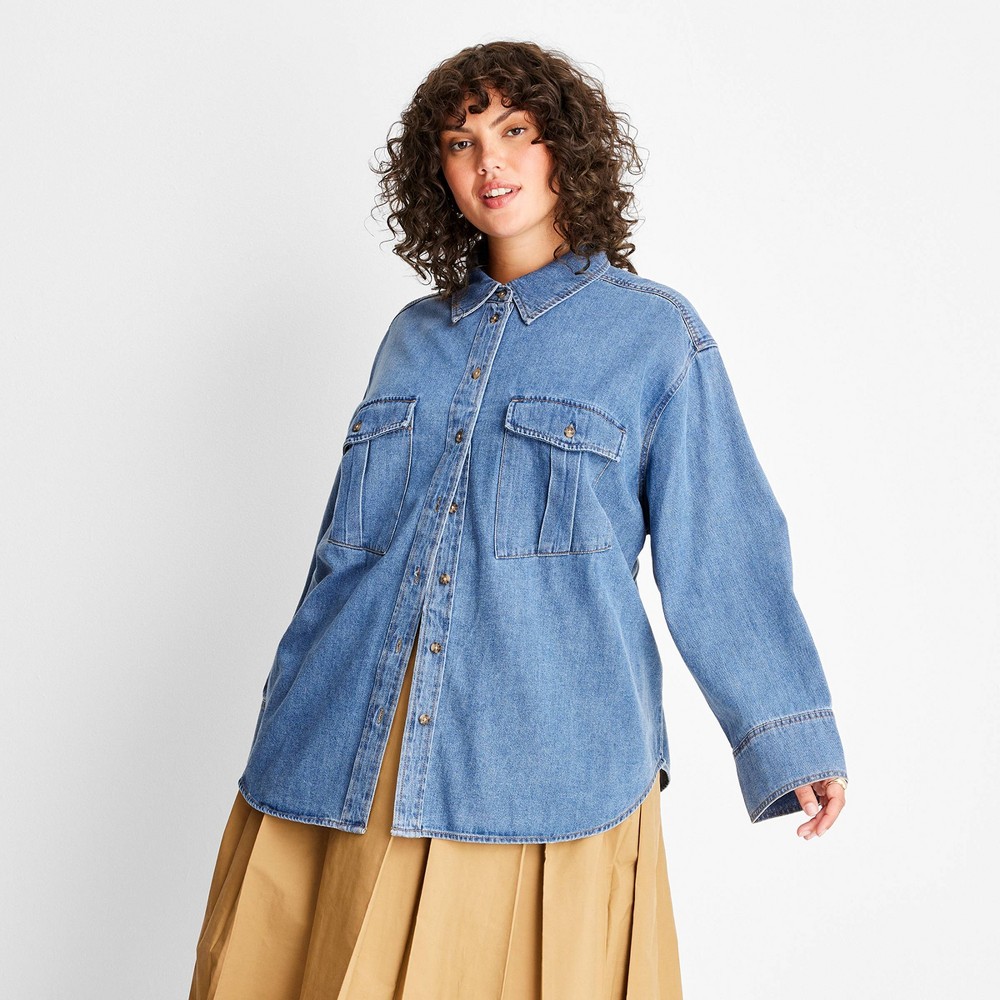 Women's Long Sleeve Denim Button-Down Shirt - Future Collective™ with Reese Blutstein Blue 2X