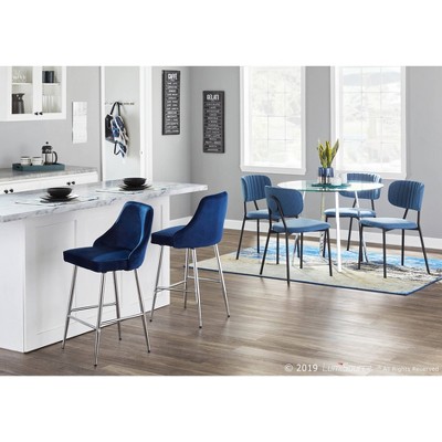 Navy Blue Velvet and Chrome Modern Counter Stools, Set of 2