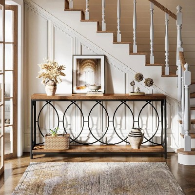 Hommoo 2-Tier Long Console Table with Storage Shelf Brown