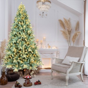 8FT Blue-Green Tint PE/PVC Christmas Tree with 650 Warm White LED Lights,2458 Tips,Hinged Branch Design, Full Natural Look, Metal Stand, Easy Assembly - 1 of 1