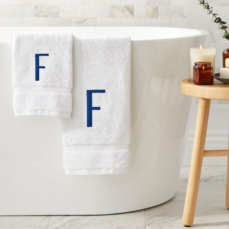 Juvale 3 Piece Letter F Monogrammed Bath Towels Set, White Cotton Bath Towel, Hand Towel, and Washcloth w Blue Embroidered Initial F for Wedding Gift, 3 of 6