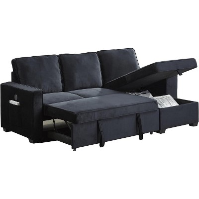 Mid-Century Modern Velvet Sleeper Sofa L-Shaped Sectional Sofa Pull Out SofaBed Convertible Sofa Bed with Storage Chaise & USB for Living Room-Brown