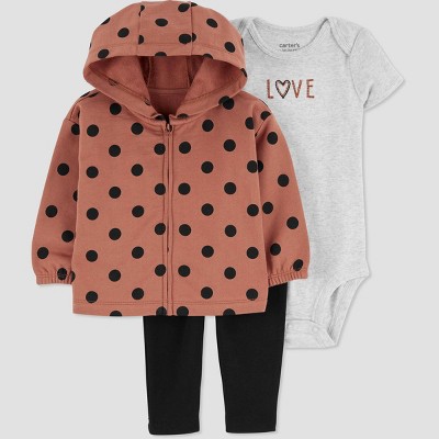 Image of Carter's Just One You® Baby Girls' Dots Cotton Cardigan & Bodysuit - Brown/Black Newborn